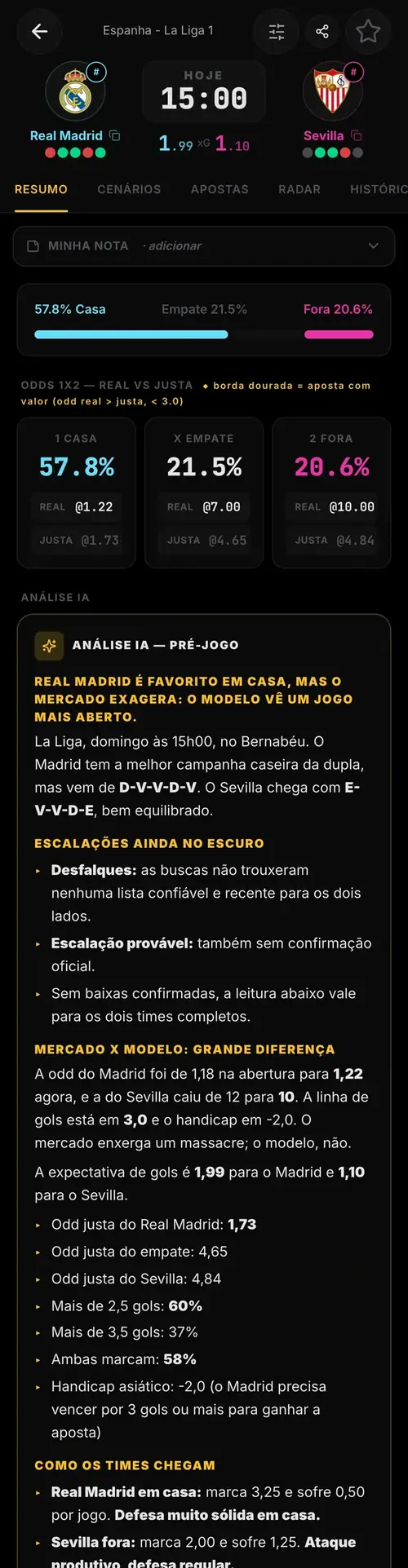 The match analysis on mobile: fair odds, AI analysis and markets