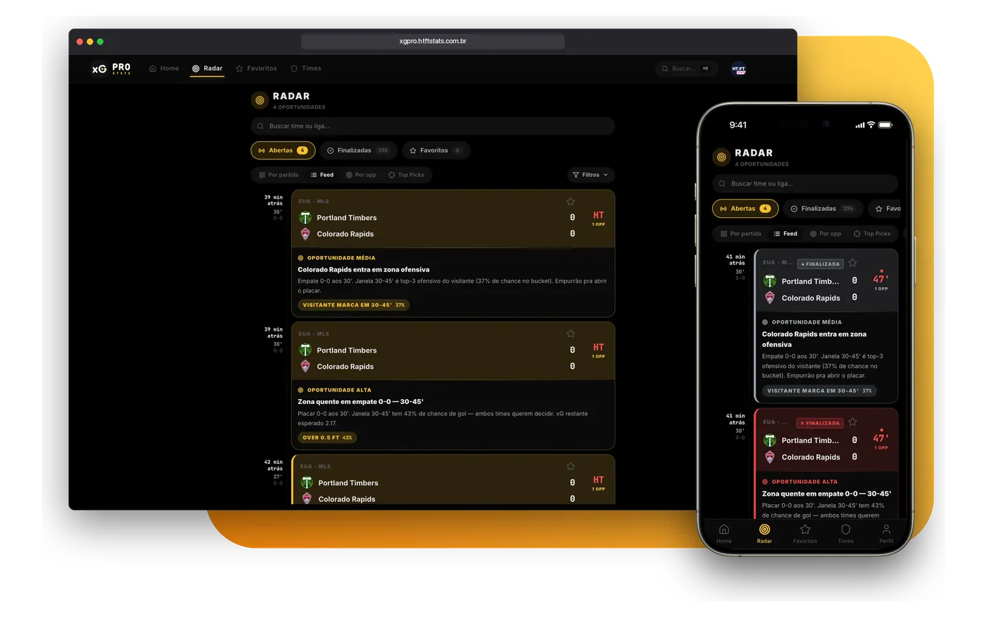 The app's Radar on desktop and mobile, with live alerts