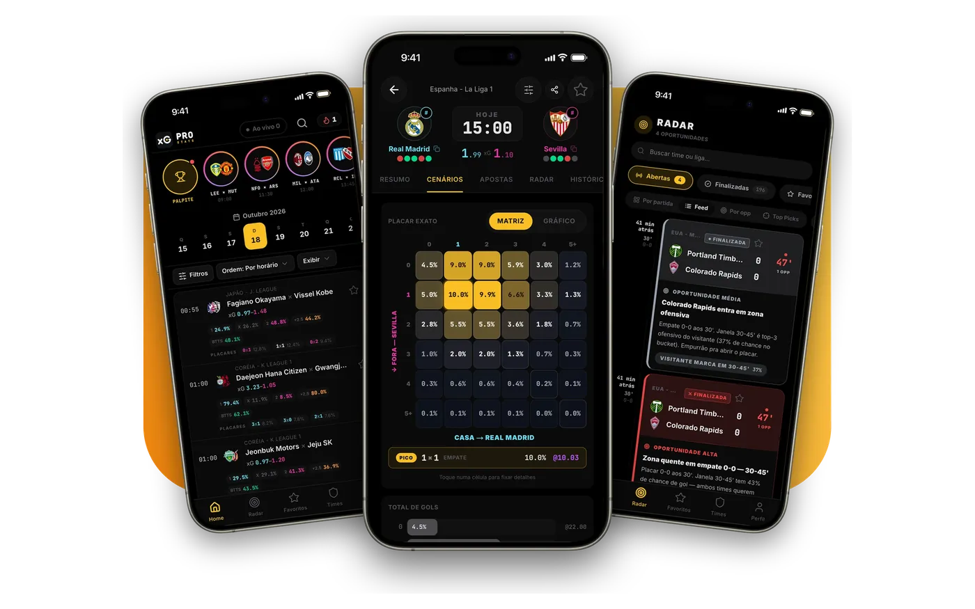 Three xG PRO screens on mobile: today's matches, scoreline matrix and Radar