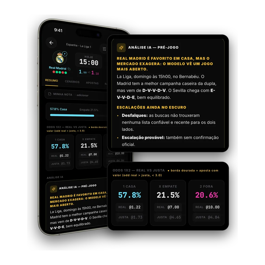 Match screen on mobile with the AI analysis and fair odds next to the real odds